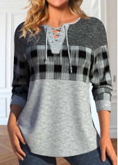 Light Grey Marl plus size,Plaid plus size,Geometric plus size,ROTITA Plus Size Lace Up Light Grey Marl T Shirt