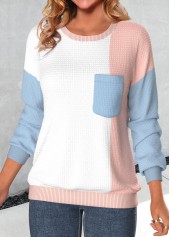 Dusty Pink tops,White tops,Contrast Color tops,ROTITA Patchwork Dusty Pink Round Neck Long Sleeve Sweatshirt