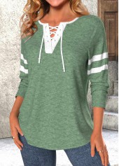 Green tops,Contrast Color tops,Striped tops,ROTITA Lace Up Green Long Sleeve T Shirt