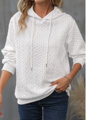 White tops,Plain Color tops,ROTITA Drawstring Detail White Long Sleeve Hoodie