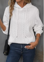White tops,Plain Color tops,ROTITA Drawstring Detail White Long Sleeve Hoodie