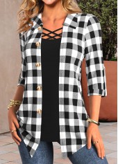 Black tops,White tops,Plaid tops,Striped tops,Geometric tops,ROTITA Fake 2in1 Plaid Black Shirt Collar Blouse