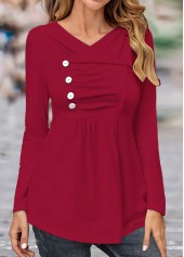 Wine Red tops,Plain Color tops,ROTITA Asymmetry Wine Red Turn Down Collar T Shirt