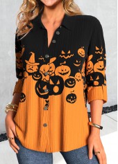Orange tops,Black tops,Halloween tops,ROTITA Button Halloween Pumpkin Print Orange Shirt Collar Blouse