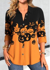 Rotita Halloween Plus Size Button Orange Pumpkin Print Shirt