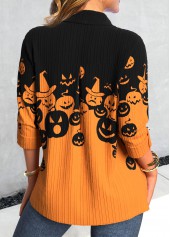 Orange tops,Black tops,Halloween tops,ROTITA Button Halloween Pumpkin Print Orange Shirt Collar Blouse