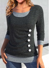 Dark Grey tops,Contrast Color tops,ROTITA Fake 2in1 Dark Grey Scoop Neck T Shirt