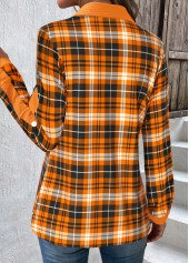 Orange tops,Plaid tops,Striped tops,Geometric tops,ROTITA Patchwork Plaid Orange Shirt Collar Long Sleeve Blouse