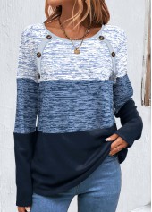 Rotita-Patchwork-Sweatshirt mit blauen Streifen und Rundhalsausschnitt und langen Ärmeln