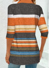 Orange tops,Striped tops,Geometric tops,ROTITA Eyelet Striped Orange Shirt Collar 3/4 Sleeve Blouse