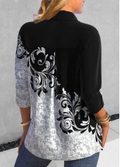 Black tops,White tops,Plants tops,ROTITA Asymmetry Random Floral Print Black Shirt Collar Blouse