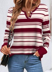 Wine Red tops,Striped tops,Geometric tops,ROTITA Button Striped Wine Red V Neck Sweatshirt
