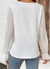 White tops,Plain Color tops,ROTITA Ruched White Asymmetrical Neck Long Sleeve T Shirt
