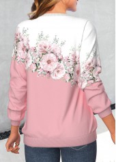 Pink tops,White tops,Floral tops,Plants tops,ROTITA Valentine's Day Patchwork Floral Print Pink Round Neck Sweatshirt
