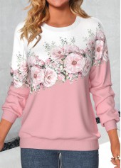 ROTITA Valentine's Day Patchwork Floral Print Pink Round Neck Sweatshirt