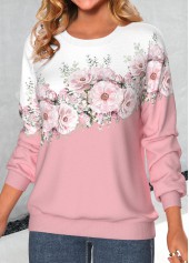 Pink tops,White tops,Floral tops,Plants tops,ROTITA Valentine's Day Patchwork Floral Print Pink Round Neck Sweatshirt