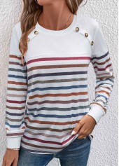 White tops,Rainbow Color tops,Striped tops,Geometric tops,ROTITA Patchwork Striped White Round Neck T Shirt