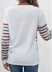 White tops,Rainbow Color tops,Striped tops,Geometric tops,ROTITA Patchwork Striped White Round Neck T Shirt