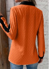 Orange tops,Contrast Color tops,ROTITA Patchwork Orange Shirt Collar Long Sleeve Blouse