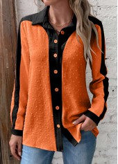 Orange tops,Contrast Color tops,ROTITA Patchwork Orange Shirt Collar Long Sleeve Blouse