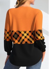 Orange tops,Black tops,Plaid tops,Geometric tops,Striped tops,ROTITA Patchwork Plaid Orange V Neck Long Sleeve Sweatshirt