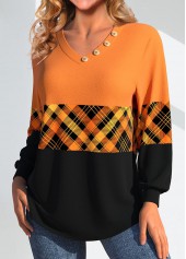 Orange tops,Black tops,Plaid tops,Geometric tops,Striped tops,ROTITA Patchwork Plaid Orange V Neck Long Sleeve Sweatshirt