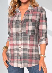 Coral tops,Plaid tops,Striped tops,Geometric tops,ROTITA Button Plaid Coral Shirt Collar 3/4 Sleeve Blouse