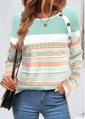 Multi Color tops,Tribal tops,Striped tops,ROTITA Patchwork Tribal Print Multi Color Scoop Neck Sweatshirt