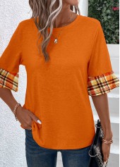 Orange tops,Plaid tops,Geometric tops,Striped tops,ROTITA Patchwork Plaid Orange Round Neck T Shirt