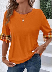 Orange tops,Plaid tops,Geometric tops,Striped tops,ROTITA Patchwork Plaid Orange Round Neck T Shirt
