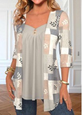 Light Grey tops,Geometric tops,Striped tops,Plaid tops,Plants tops,ROTITA Geometric Print Light Grey Fake Two Piece Twinset