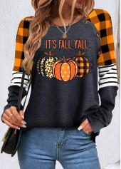 Orange tops,Black tops,Halloween tops,Geometric tops,Striped tops,Plaid tops,ROTITA Patchwork Halloween Print Orange Round Neck Sweatshirt