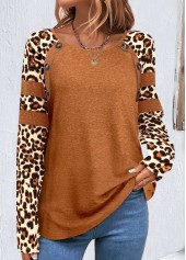 ROTITA Patchwork Leopard Dark Camel Round Neck T Shirt