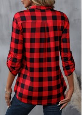 Red tops,Black tops,Plaid tops,Geometric tops,Striped tops,ROTITA Zipper Plaid Red High Neck Long Sleeve Blouse