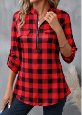 Red tops,Black tops,Plaid tops,Geometric tops,Striped tops,ROTITA Zipper Plaid Red High Neck Long Sleeve Blouse