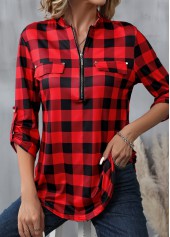 Red tops,Black tops,Plaid tops,Geometric tops,Striped tops,ROTITA Zipper Plaid Red High Neck Long Sleeve Blouse