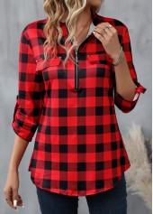 Red tops,Black tops,Plaid tops,Geometric tops,Striped tops,ROTITA Zipper Plaid Red High Neck Long Sleeve Blouse