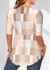 Beige tops,Geometric tops,Plaid tops,ROTITA Plus Size Beige Geometric Print Fake Two Piece Twinset
