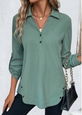 Sage Green tops,Plain Color tops,ROTITA Button Sage Green Shirt Collar Long Sleeve Blouse