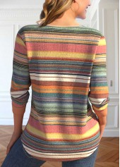 Multi Color tops,Rainbow Color tops,Striped tops,Geometric tops,ROTITA Lace Up Multi Stripe Print T Shirt