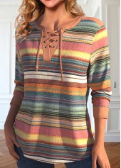 Multi Color tops,Rainbow Color tops,Striped tops,Geometric tops,ROTITA Lace Up Multi Stripe Print T Shirt
