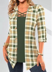 Sage Green tops,Light Camel tops,Plaid tops,Striped tops,ROTITA Fake 2in1 Plaid Sage Green Shirt Collar Blouse