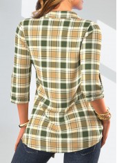 Sage Green tops,Light Camel tops,Plaid tops,Striped tops,ROTITA Fake 2in1 Plaid Sage Green Shirt Collar Blouse
