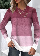 Dark Reddish Purple tops,Ombre tops,Striped tops,ROTITA Button Ombre Dark Reddish Purple Asymmetrical Neck Sweatshirt