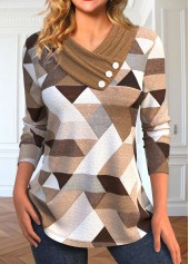 ROTITA Asymmetry Geometric Print Light Coffee T Shirt