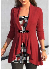 Wine Red tops,Geometric tops,ROTITA Fake 2in1 Geometric Print Wine Red T Shirt