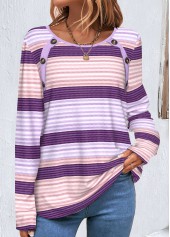 t-shirt rotita bouton rayé violet col rond