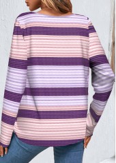 Purple tops,Rainbow Color tops,Striped tops,Geometric tops,ROTITA Button Striped Purple Round Neck T Shirt