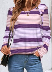 Purple tops,Rainbow Color tops,Striped tops,Geometric tops,ROTITA Button Striped Purple Round Neck T Shirt