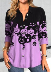ROTITA Halloween Button Purple Shirt Collar Long Sleeve Blouse